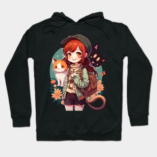 Cute Girl & Cats Kawaii Anime Orange and Black Cat Lovers Hoodie